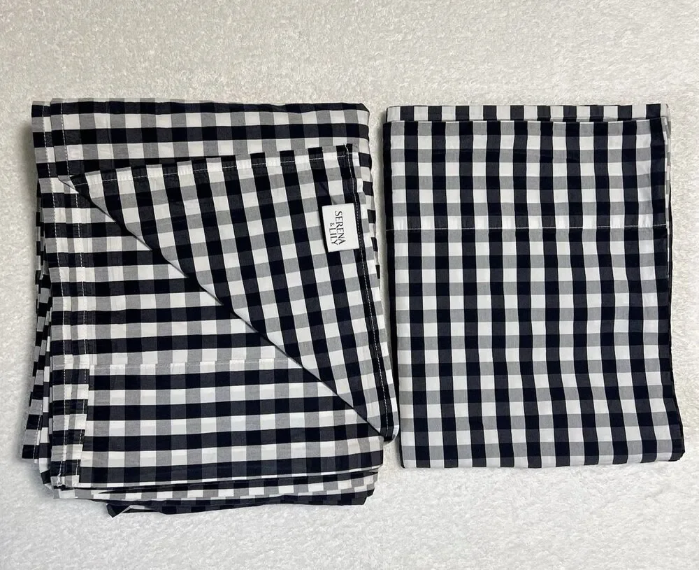 Serena & Lily Full Flat Sheet Pillow Case Set Gingham Navy White Buffalo Check